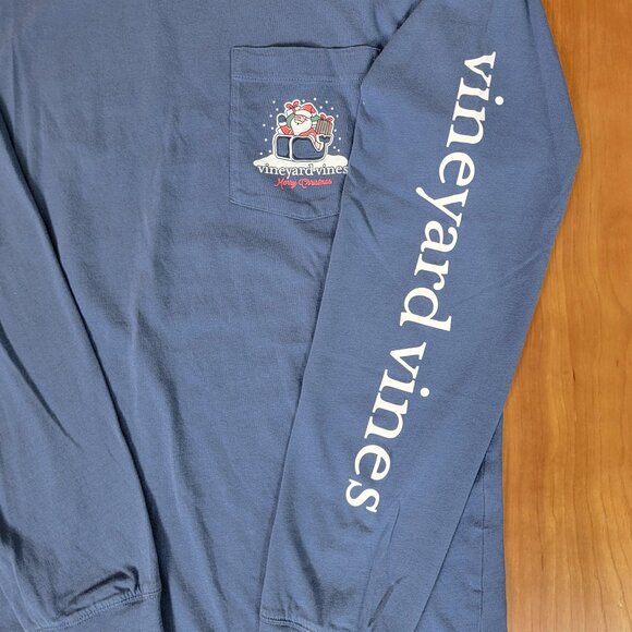 Vineyard Vines Blue Long Sleeve Pocket Tee Santa Sleigh Merry Christmas Tee - XS - Picture 5 of 8